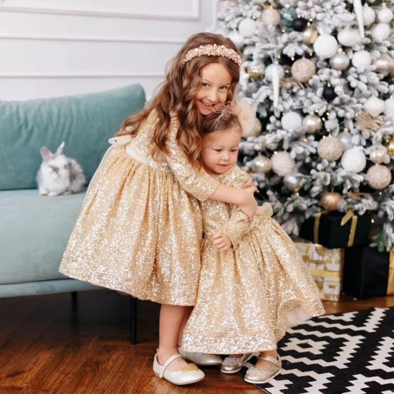 

Customized Gold Sequins Flower Girl Dresses for Wedding with Bow O-Neck First Communion Lovely Baby Kids Birthday Party Gowns