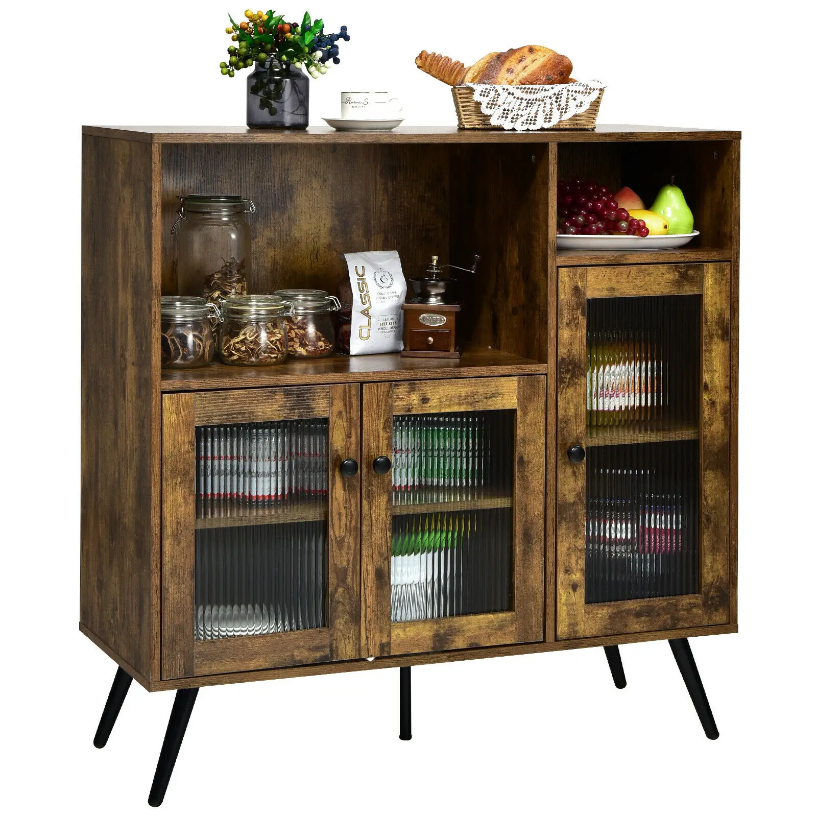 Buffet Sideboard Kitchen Storage Cupboard w/ Glass Door & Adjustable Shelves