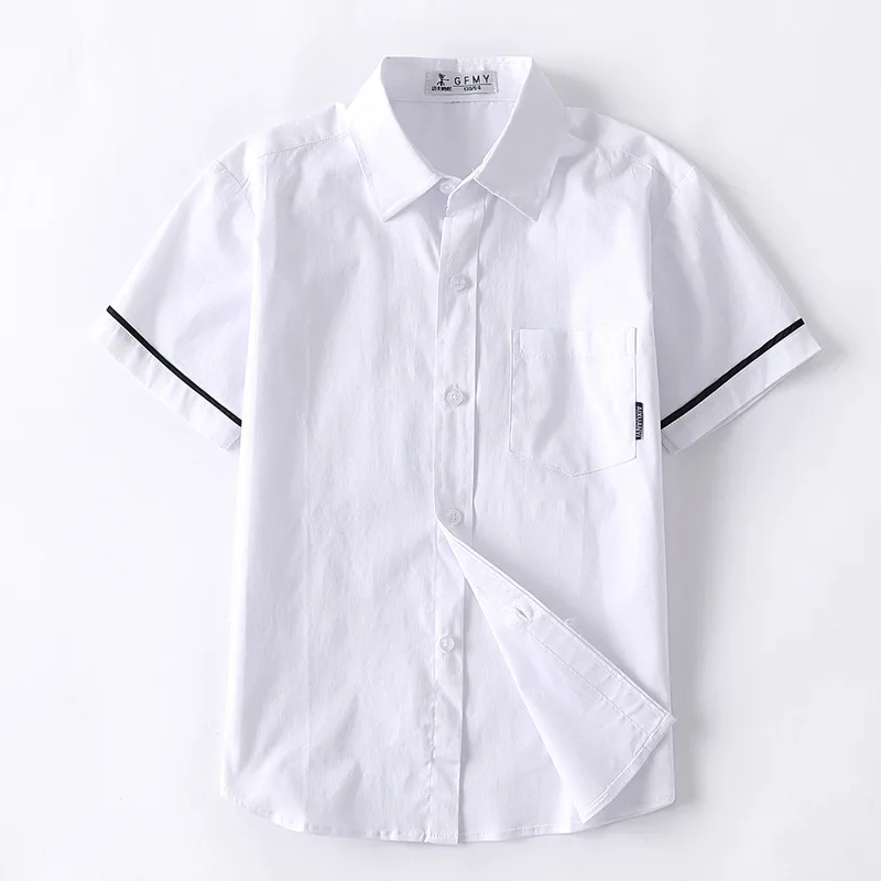

New Boys Solid White Tops Teenage Cotton Turn-down Collar Shirts Casual Summer 2022 School Boys Uniform Clothes 6 8 10 14 16Year