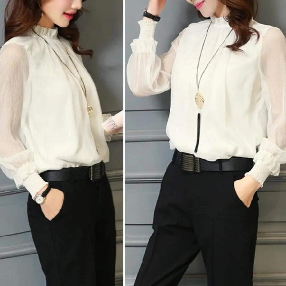 Shirt Top Chic Skin-touching Office Shirt Elegant Ruffle Collar Solid Color Chiffon Shirt Daily Clothing