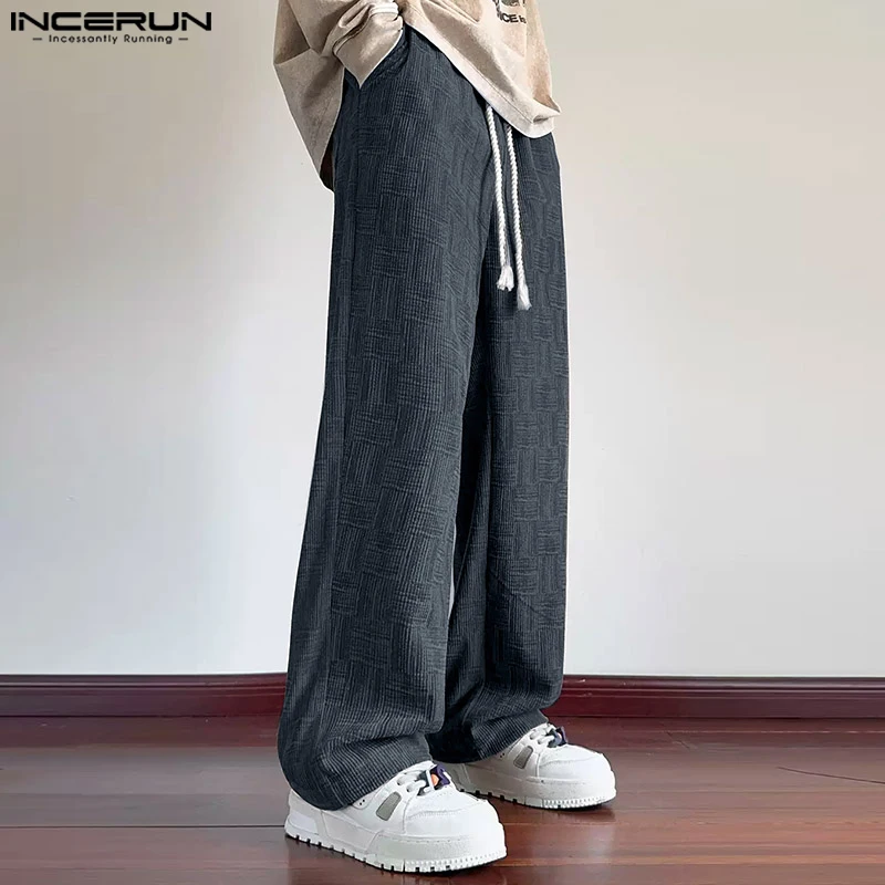 INCERUN 2025 Korean Style Trousers Fashion Men's Personality Printed Square Straight Wide Leg Pants Casual Streetwear Pantalons