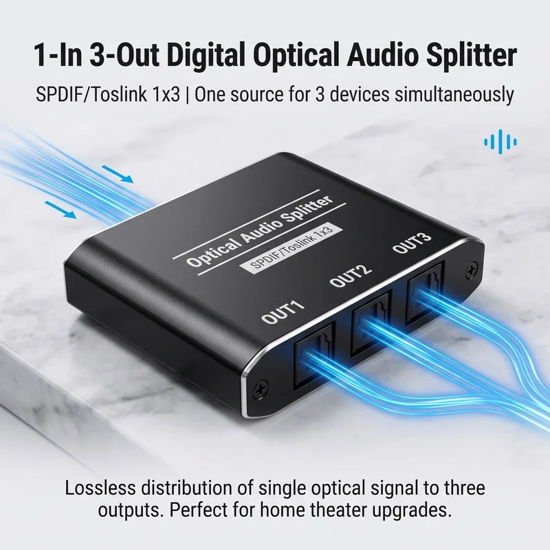 1 in 3 out Optical Audio Splitter, Digital Optical Toslink Splitter 1x3, SPDIF Fiber Optic Audio Splitter Support 5.1 Dolby DTS