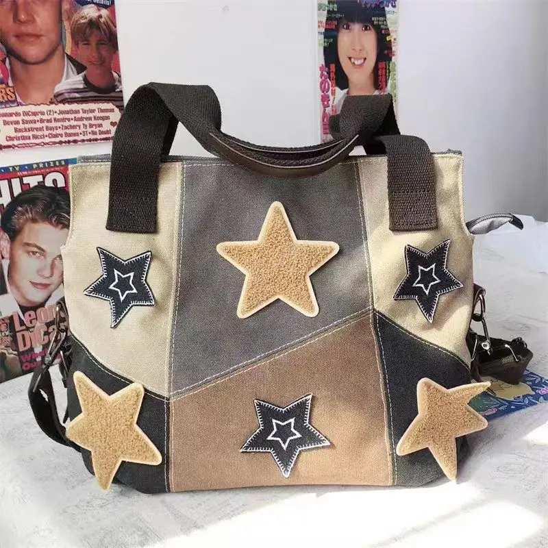 

Y2k Star Girls Crossbody Bag Large Capacity Women Vintage Patchwork Shoulder Bags Gothic Handbag College Student School Book Bag