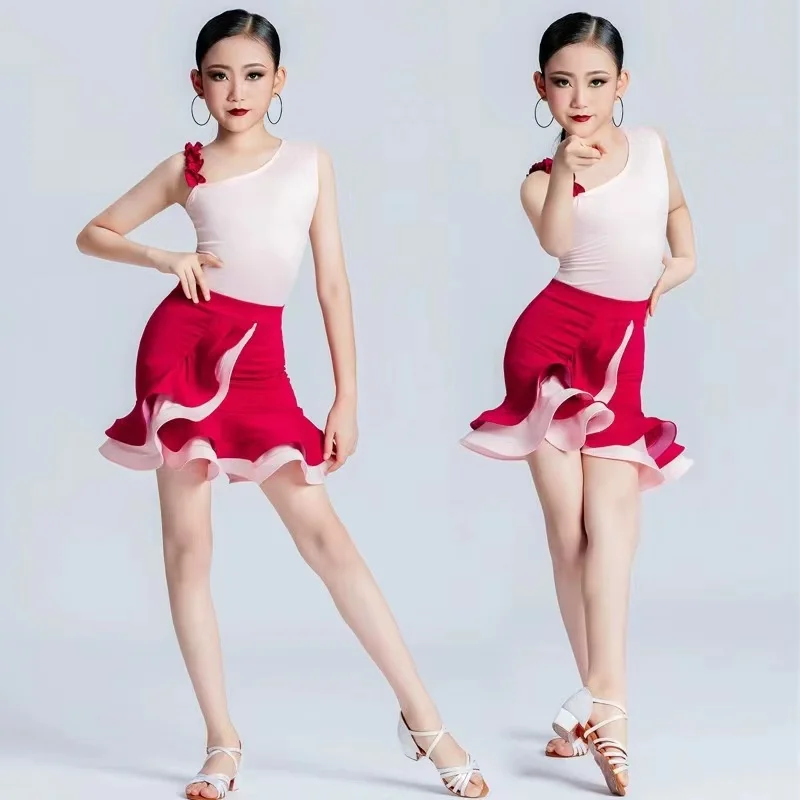 Girl Latin Dance Dress for Girls Practice Dancing Latin Skirt Ballroom Performance Clothes Children 1 Piece Latin Skirt and Top