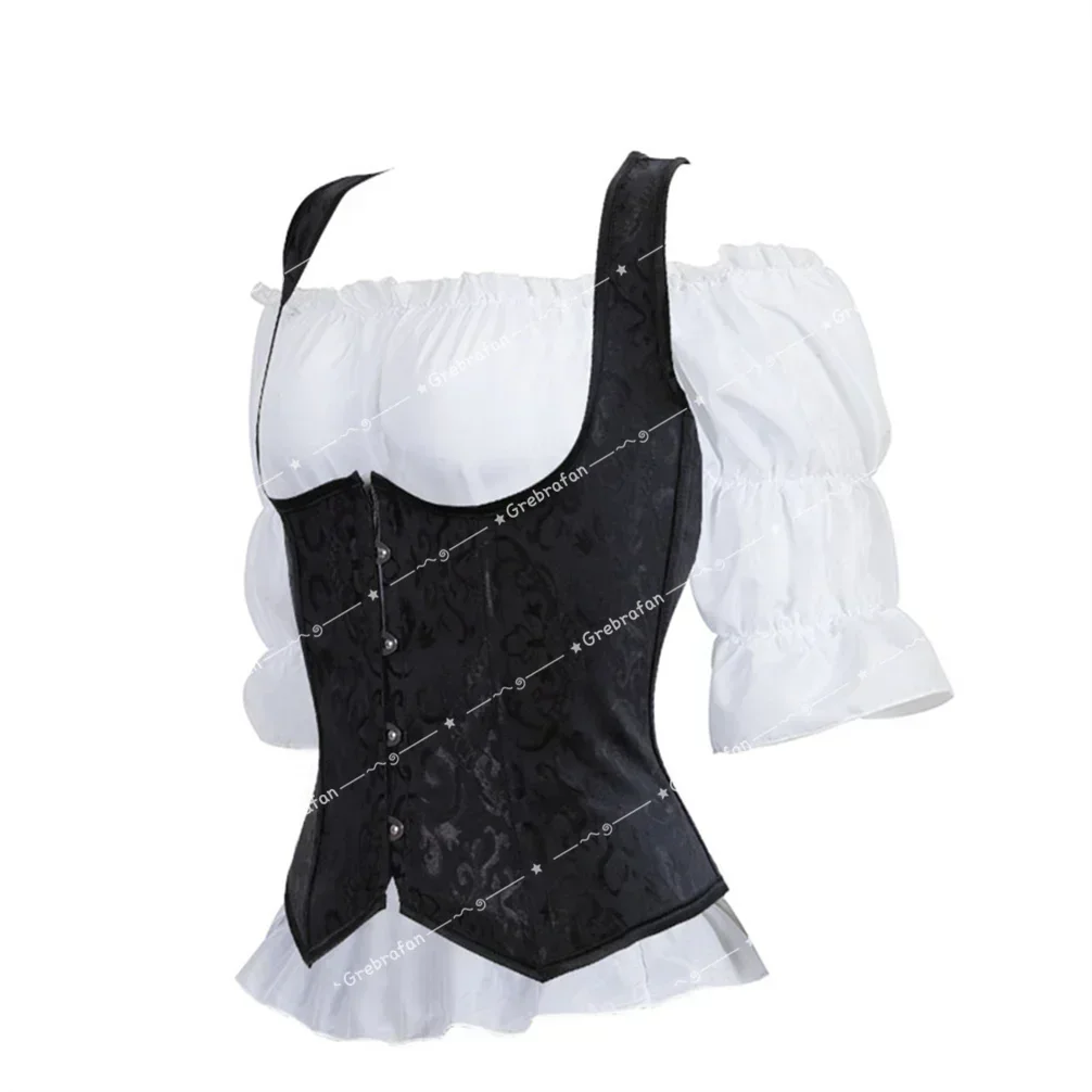 Corset Underbust Shirt for Women Set Embroidered Corsets Lace Up Bustier with Strap Outfits Pirate Halloween Costume Plus Size