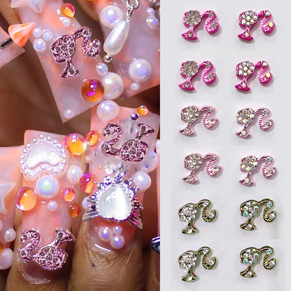 10Pcs 3D Pink/Red Glitter Diamond Ponytail Girl Nail Charms 9x11cm Gold/Silver Alloy Girl Nail Art DIY Kawaii Girl Nail Jewelry