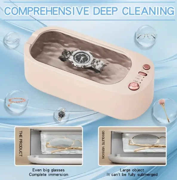 Nettoyeur à ultrasons pour bijoux, machine de nettoyage de lunettes pour tous les bijoux, 360 ° DegreeCleaningHouseholdCleaner pour montres, bagues, brosse de maquillage