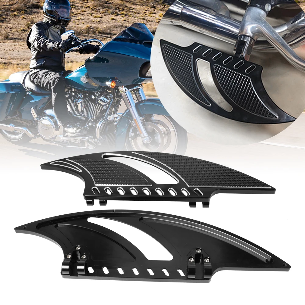 Motorcycle Black CNC Front Driver Stretched Floorboards Foot Rests For Harley Touring 86-2023 Softail FL Dyna FLD 1986-2016