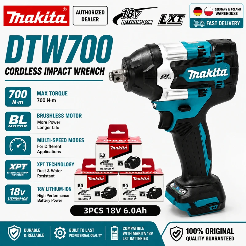 Original Makita DTW700 Bürstenloser Schlagschrauber 18V Kabelloser Elektroschrauber 700Nm Hochdrehmoment Auto-Stopp Variable Geschwindigkeit Kompatibel mit Makita LXT 6,0Ah Akku Deutschland Polen