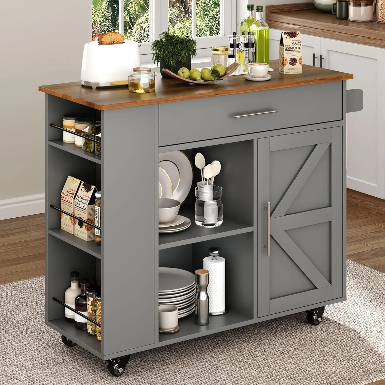 

Kitchen Island on Wheels with Storage Cabinet, Kitchen Island Cart with Spice Rack & Towel Rack, Rolling Kitchen Cart with Open