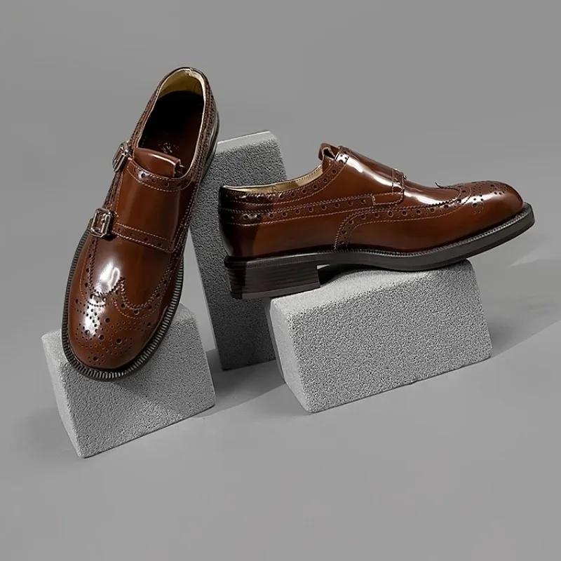 

British Genuine Leather Brogue Carved Loafers Women's Fashion Buckle Leather Shoes Flat Bottom Retro Oxford Single Shoes Female