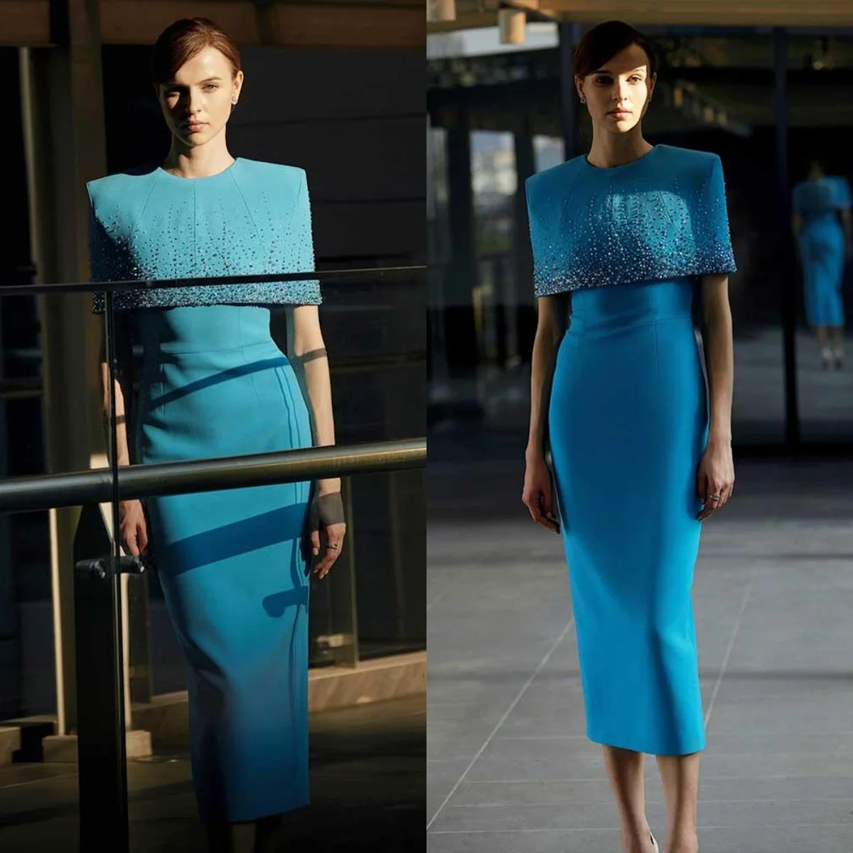 

YUNLAN Customized Luxury Dubai Rhinestone Blue Wedding Bride Evening Dress 2025 Dinner Cape Dress Midi Ball Party Dress