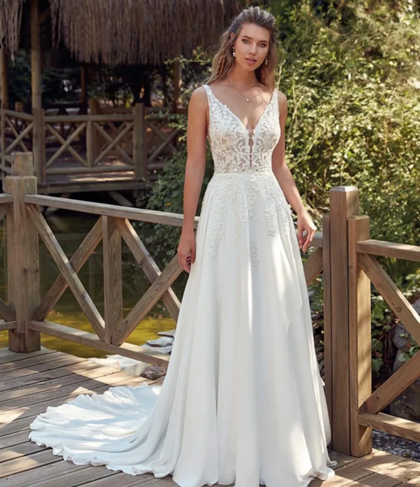 

Boho Wedding Dresses Chiffon Applique V-Neck Sleeveless Sexy Backless Ball Gowns A-Line Floor-Length Brush Train Formal Gala