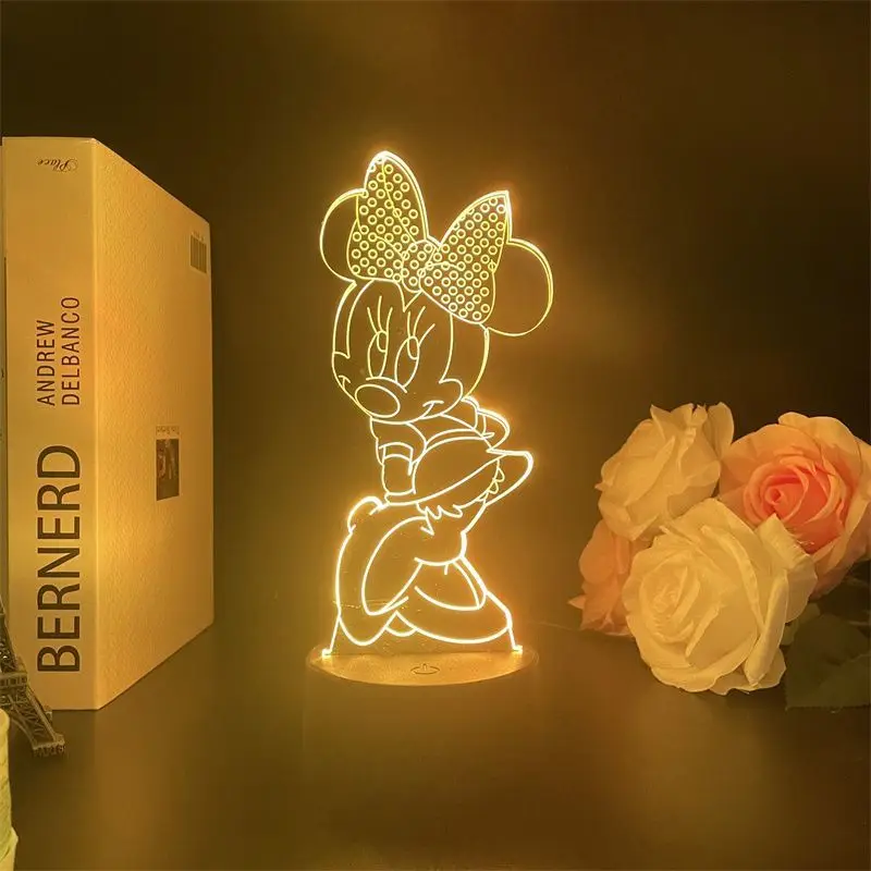 Mercancía de dibujos animados de Disney Mickey, soporte acrílico brillante, luz nocturna creativa para dormitorio, decoración de figuras, regalo