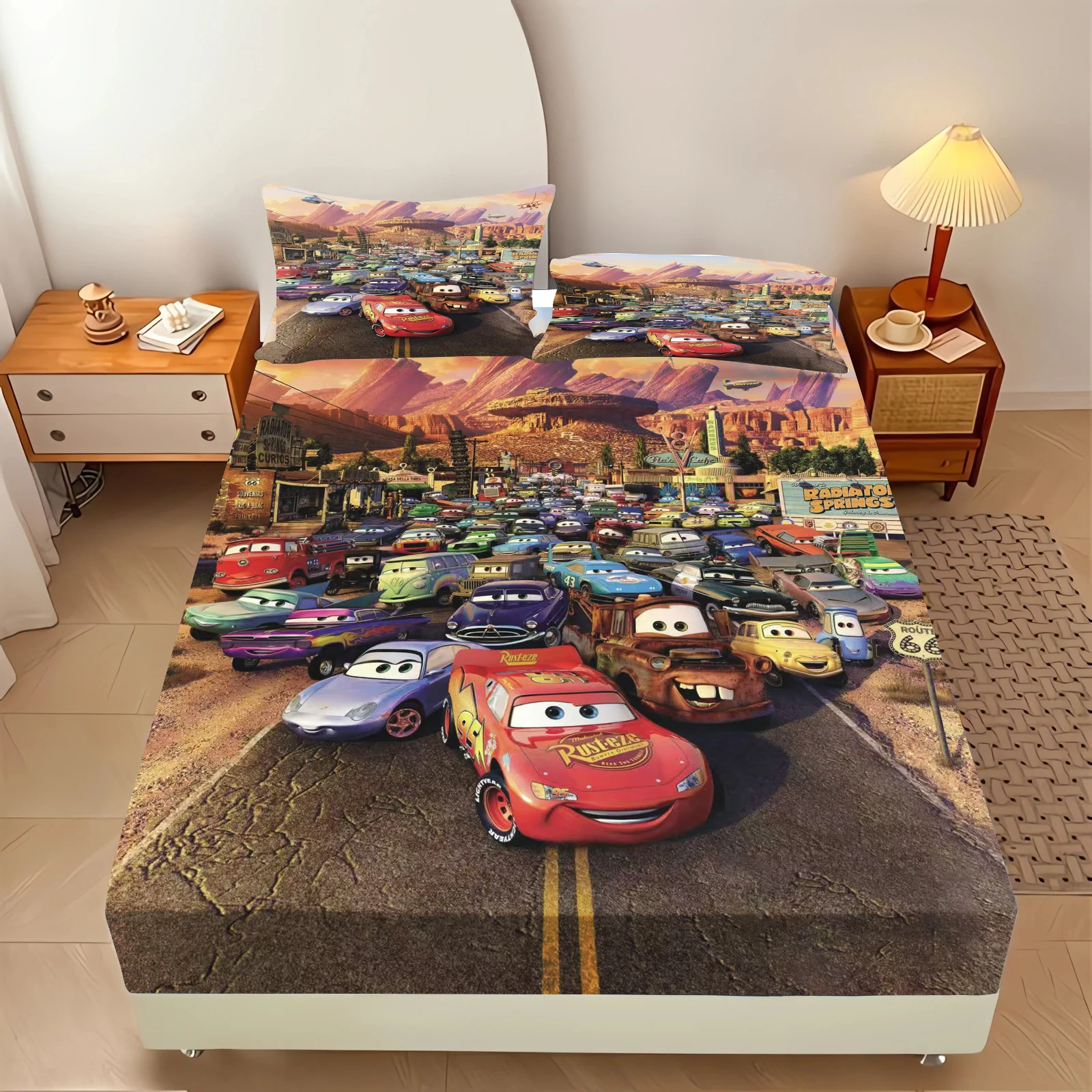 Christmas, Lightning McQueen 100% Polyester With Pillowcas Bedding Set  Fitted Sheet Bed Cover Full 3D Printed Children'S