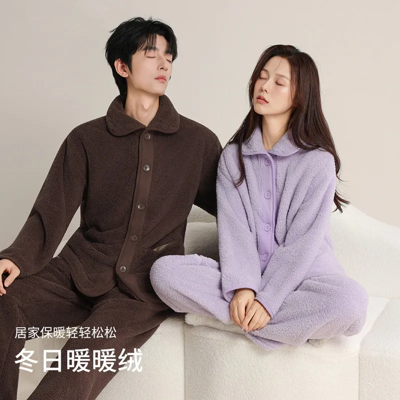 

Winter Sleepwear Coral Fleece Flannel Women's Pajamas Set Thick Warm Couple Home Clothes Men Nightwear Pyjamas Suit Male Sets