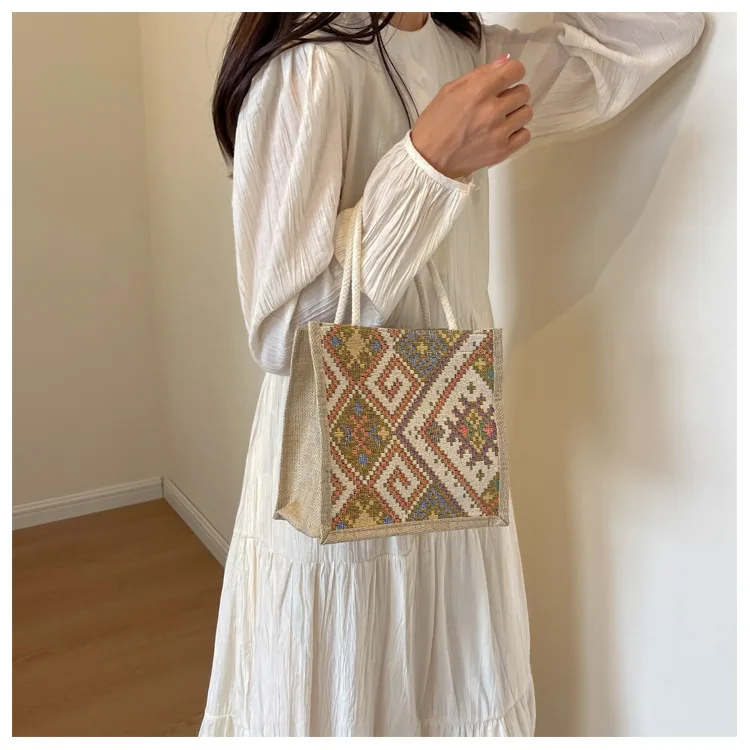 Embroidery Ethnic Style Canvas Bag Large Capacity Portable Printing Cloth Lunch Bag Storage Bag Print Linen Handbag Children