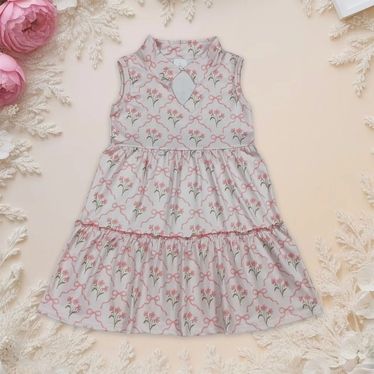 

Kids Baby Girl Sleeveless Pink Bow Flowers Checked Patchwork Knee Length Dress Children Princess Cute Dresses Clothes Wholesale