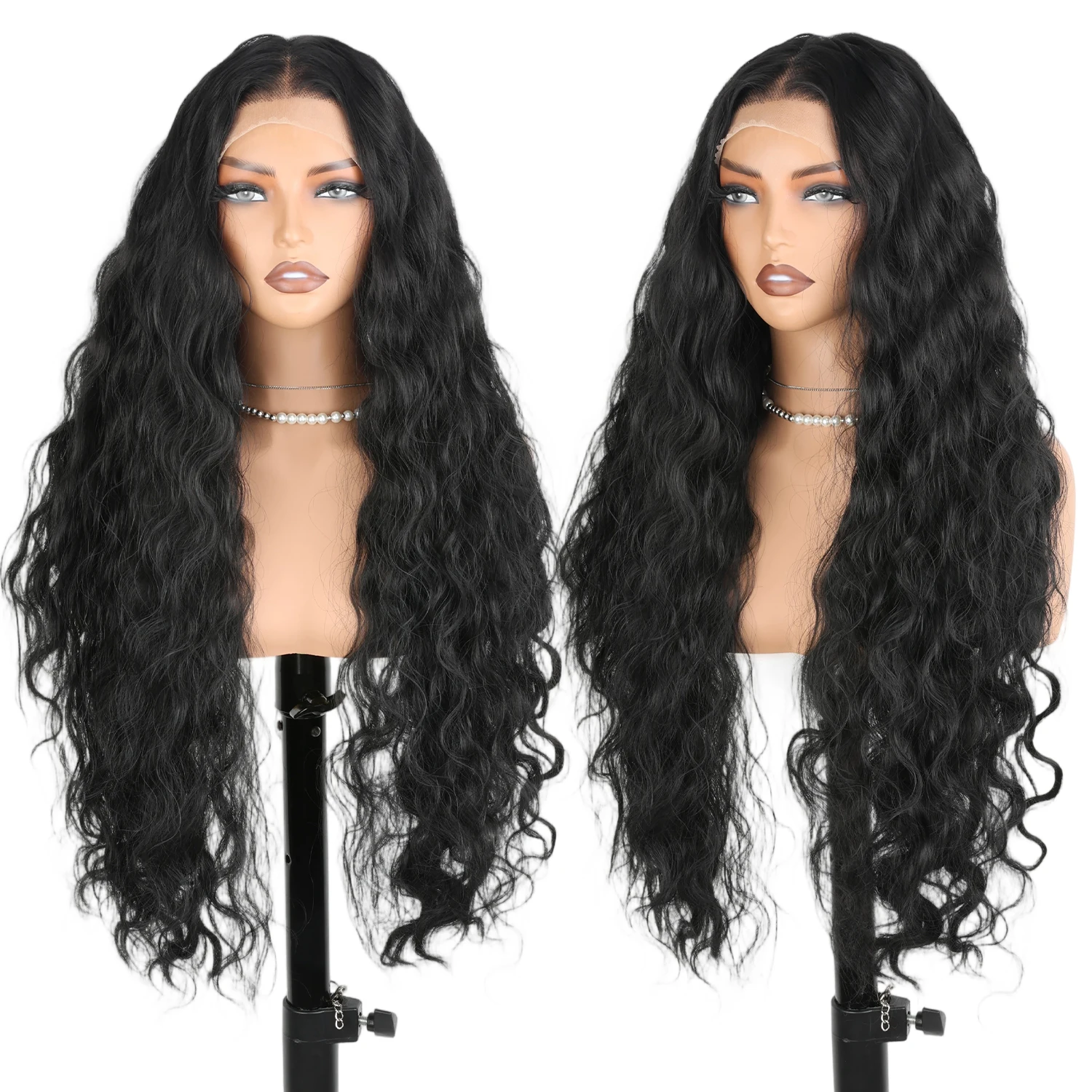 X-TRESS 28 Inch Loose Deep Wave 13x6 Lace Front Wig Free Part Pre-plucked Synthetic Black Natural Curly Hair Heat Resistant