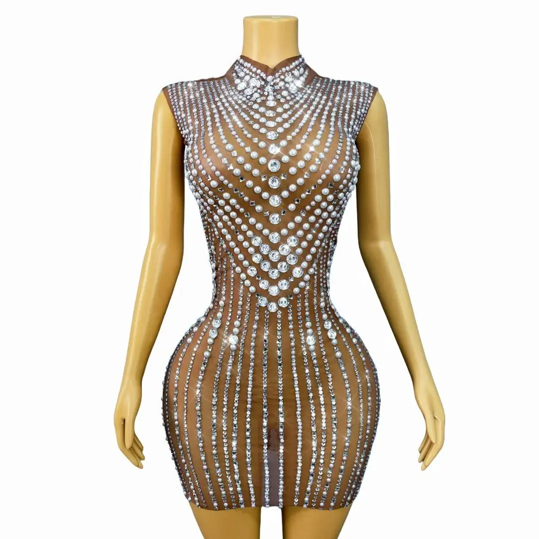 Women Luxury Pearls Rhinestones Brown Mesh Transparent Bodycon Mini Dress Showgirl Stage Costumes Nightbar DJ Gogo Dance Dress
