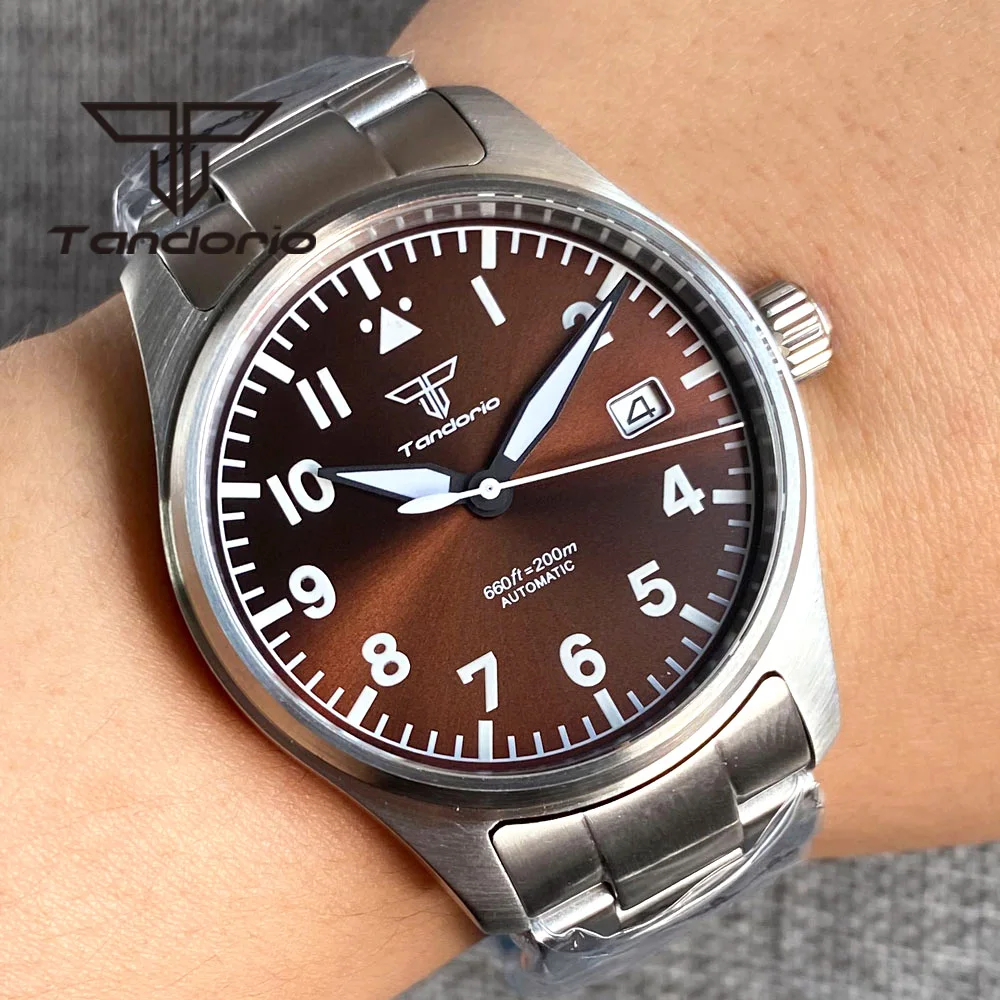 Brown Sunburst Dial Luminous 200M 39mm NH35A Automatic Dive Pilot Men Watch Steel Bracelet Sapphire Glass Screw Crown