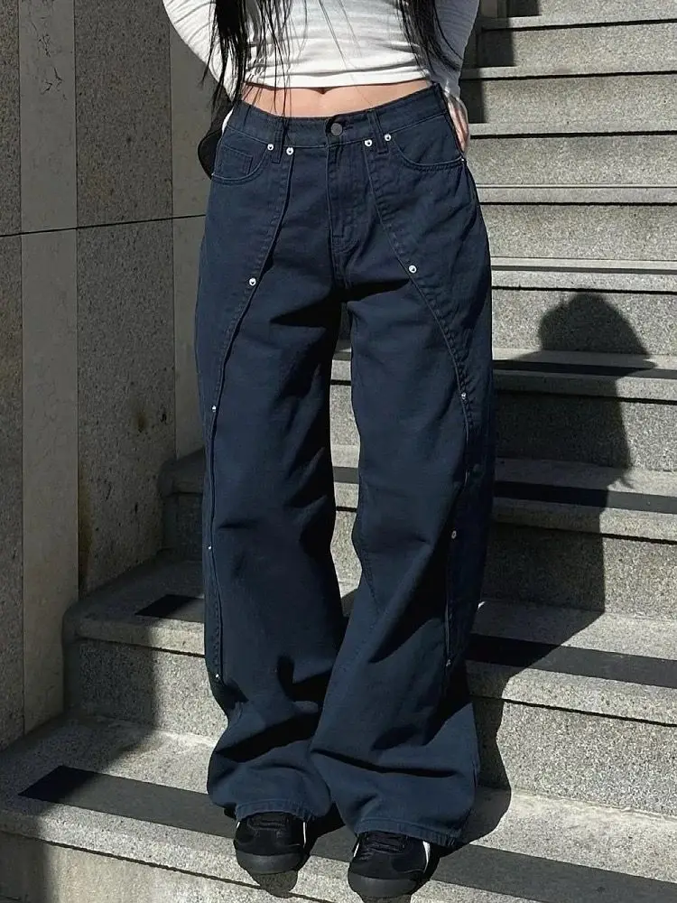 American Retro Plus Washed Rivet Split Jeans For Women'S High Street, Loose And Fashionable Wide Leg Pants