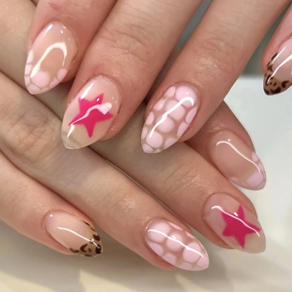 

Red Stars Pink Halo Dyeing Leopard Print French Nail Art Y2K Fashion False Nails Detachable Finished Fake Nails Press on Nails