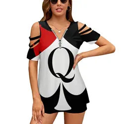 Queen Of Spades White New Fashion Zip Off Shoulder Top Short-Sleeve Women Shirt Vixen Stag Cuckold Cuck Hotwife Hot Wife