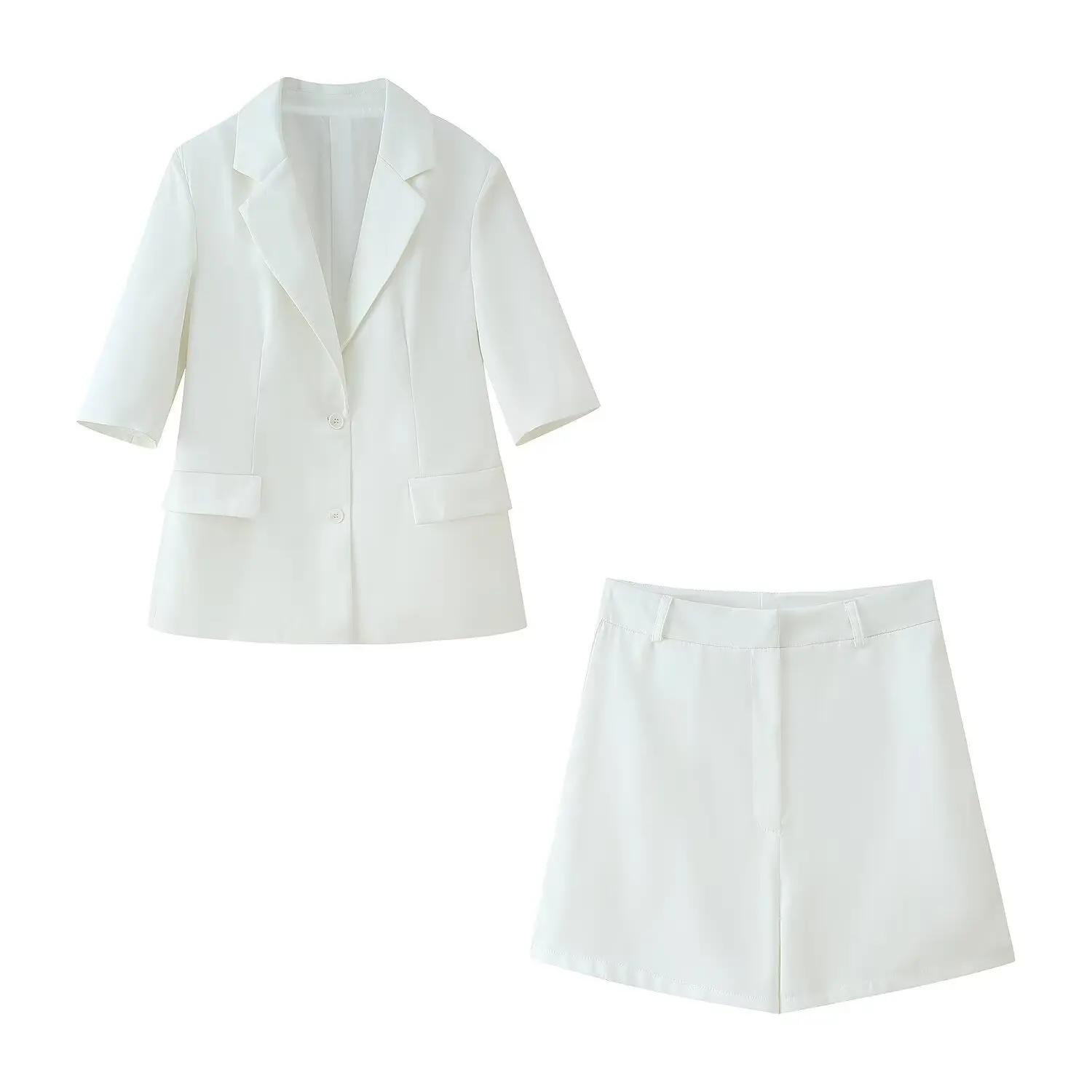 

женский профессиональный костюм с лацканами и пуговицами, куртка с короткими рукавами и высокой талией, однотонные простые шорты на молнии, новый летний женский комплект