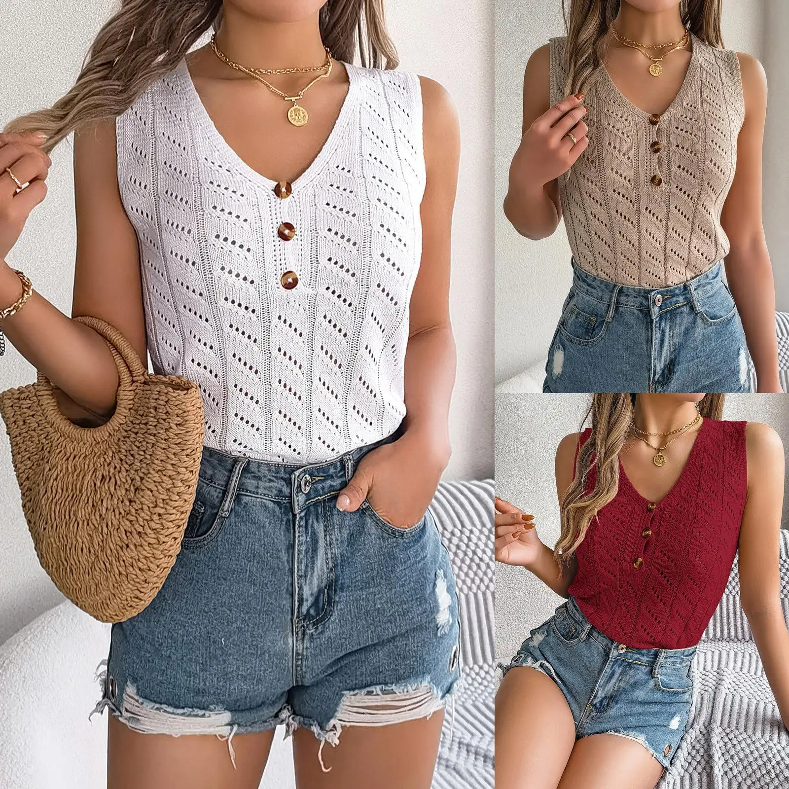 

Pure Color Button V-Ne Hollow out Svel Knitwear Summer New Sle Holiday Cross-Border Women's Faion Top