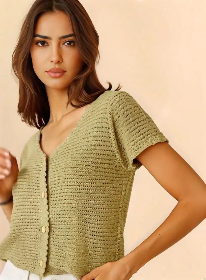 عادية الخامس الرقبة ماتشا الأخضر الجوف متماسكة زر سترة 2025 الصيف اقتصاص قمة الموضة كم سترة الشمس حماية قميص K321 #4