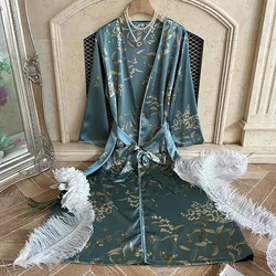 Autumn Spring Kimono Bathrobe Loungewear Green Cherry Print Robe Ice Silk Nightgown Lady Sexy Homewear Loose Intimate Lingerie