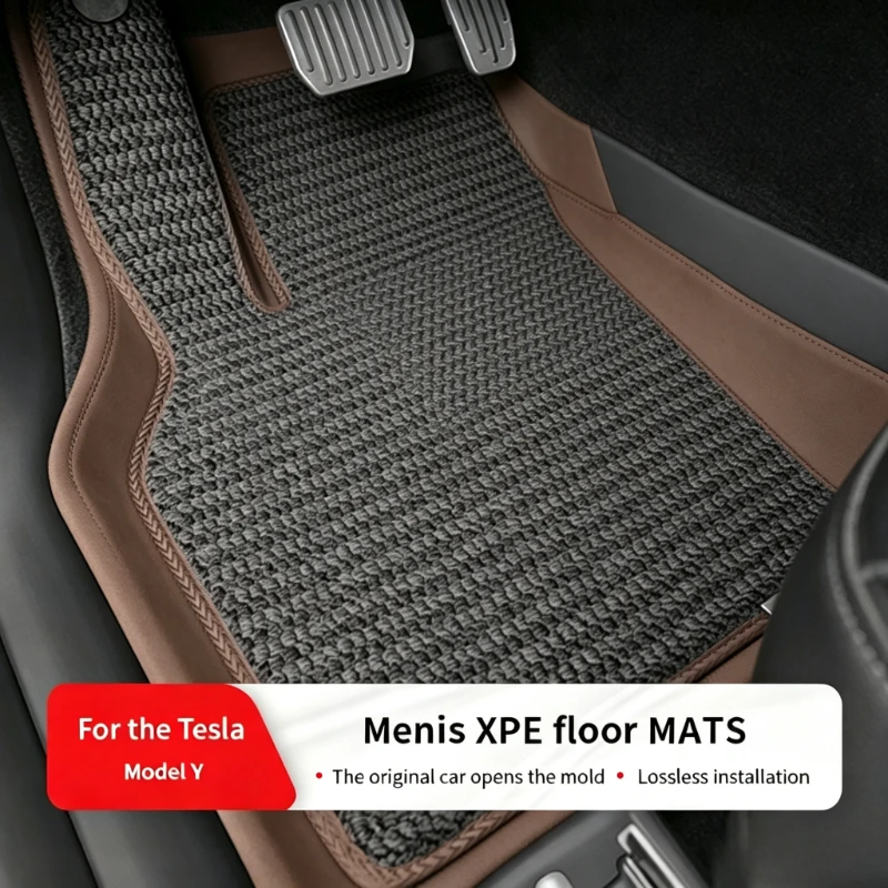 Convient pour Tesla Model Y 2021-2024, tapis de sol Meniscus XPE (conduite à droite), base couleur café, surface de tapis noire.