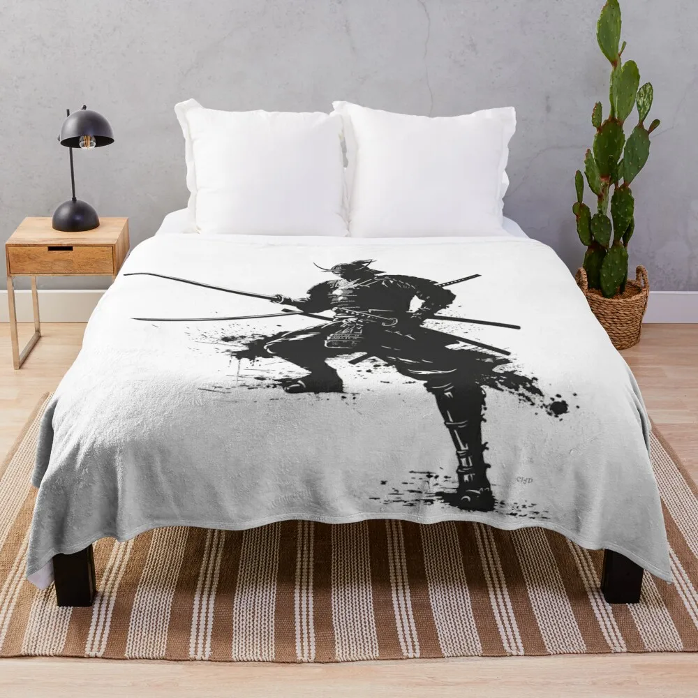 Monochromatic Samurai – High-Contrast Ink Art T-Shirt Throw Blanket Plaid Hairy Blankets