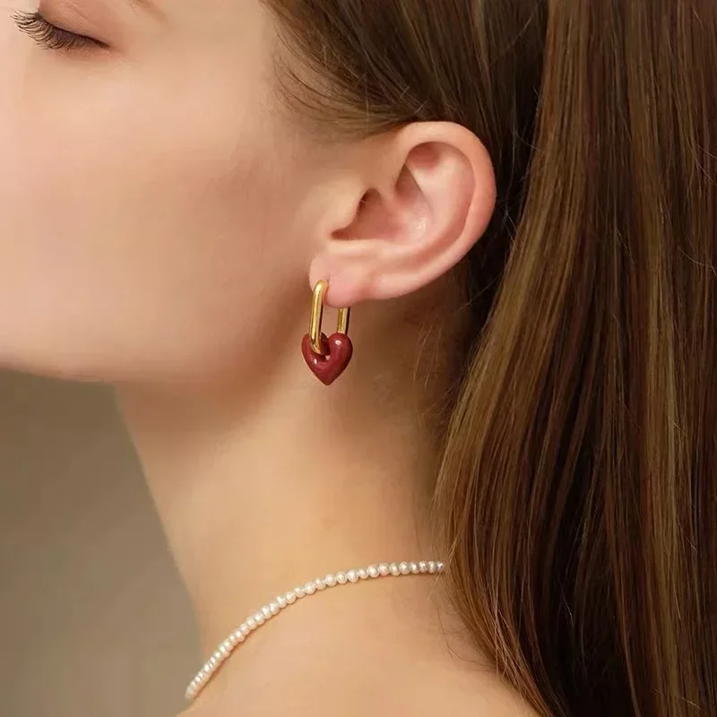 Pendientes con colgante de corazón rojo vino romántico Retro francés para mujeres y niñas, joyería de moda