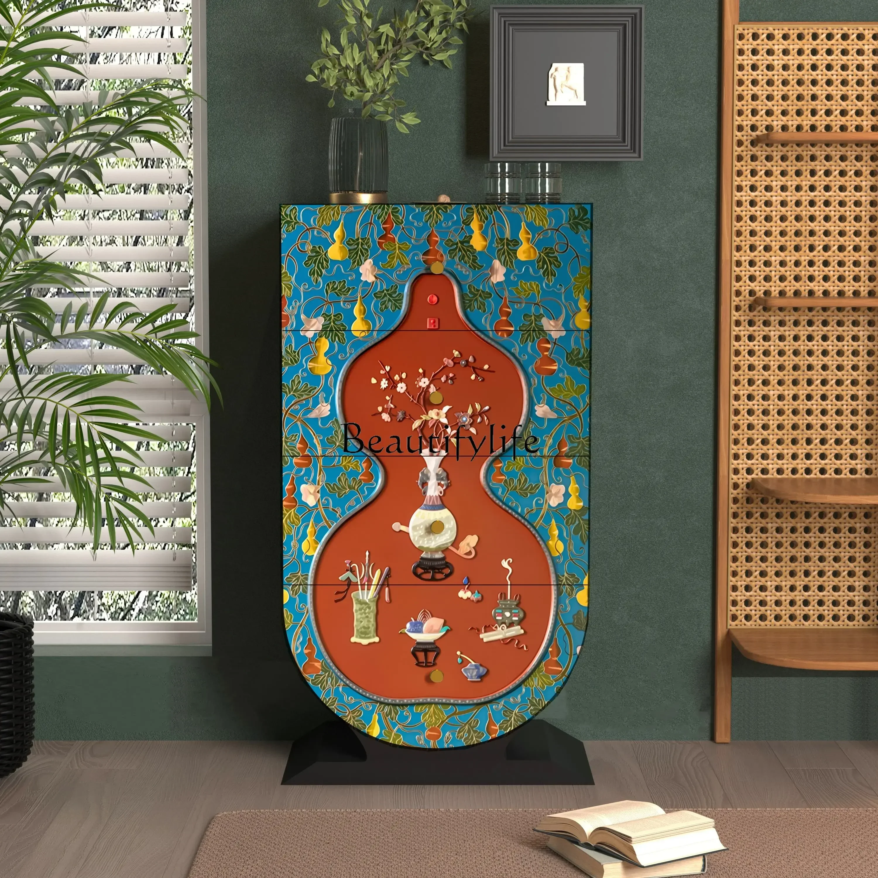 

06French antique retro homestay solid wood four chest cabinet living room storage decorative cabinet