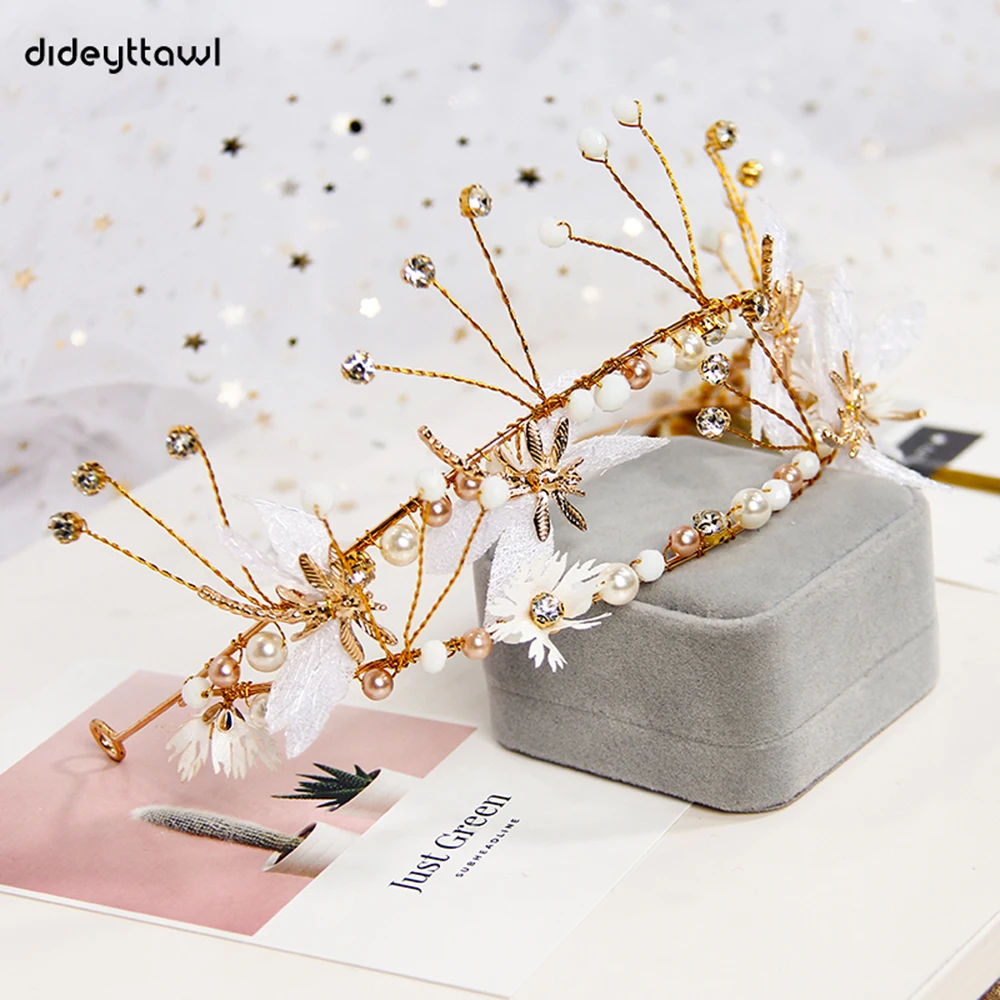 Dideyttawl Gold Metall Blumen Mädchen Headwear Prinzessin Mädchen Tiara Für Hochzeit Geburtstag Party Strass Haar Zubehör