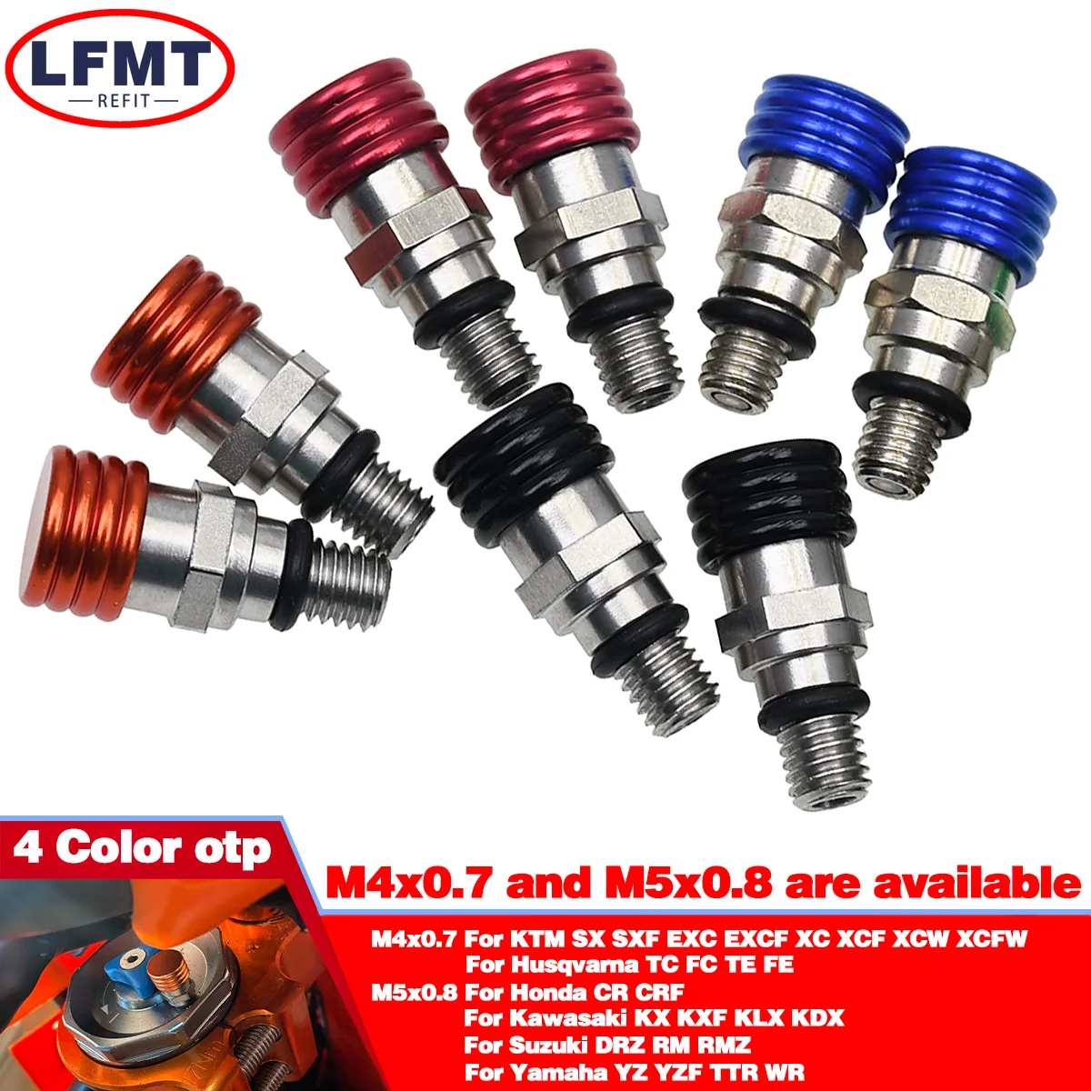 

M4x0.7 and M5x0.8 Fork Air Bleeder Valves For KTM SX SXF EXC EXCF XCF XCW XCFW Honda CR CRF Kawasaki KX KLX KDX Yamaha YZ TTR WR