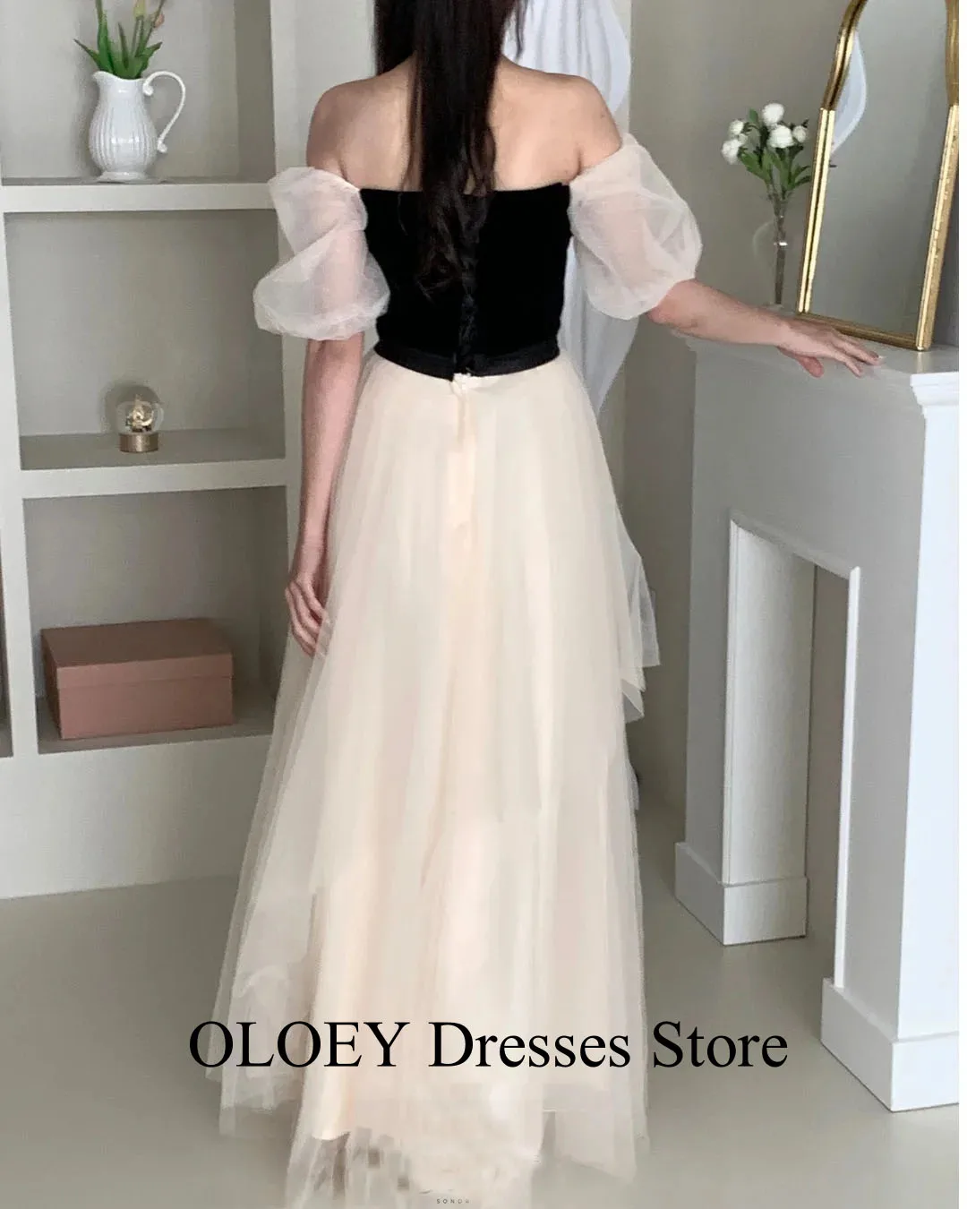 فساتين سهرة كورية متباينة من OLOEY مخصصة أنيقة بأكمام قصيرة من التل مناسبة رسمية للحفلات الراقصة للنساء