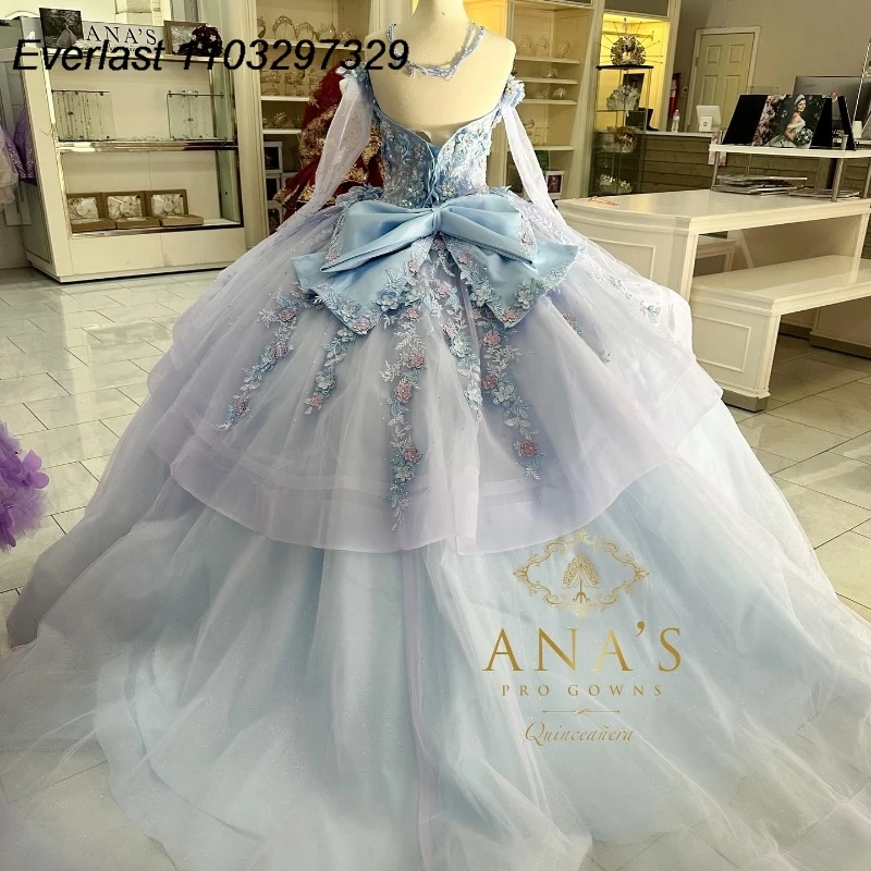 EVLAST Princess Blue Quinceanera Dress Ball Gown Lace Applique cristalli di perline con mantello Sweet 16 Vestidos De 15 Anos TQD766