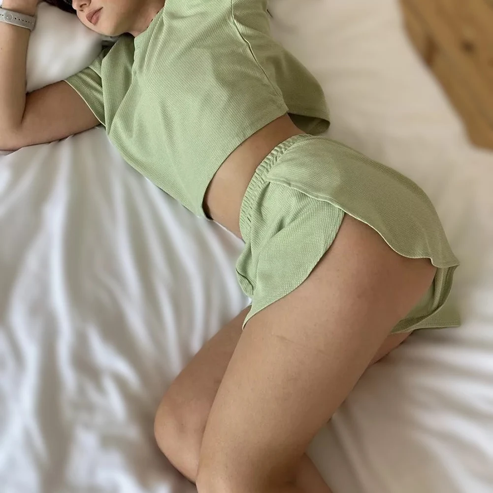 Womens Solid Color For Crew Neck Short Sleeve Top and Slit Shorts Pajama Set for Vacation Holiday or Home Wear