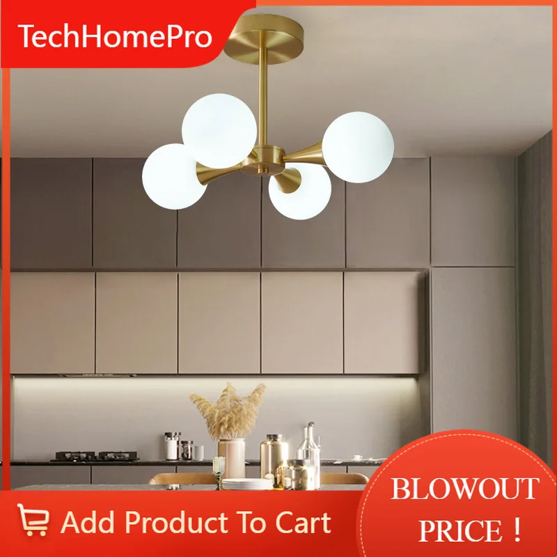 TechHPModern LED Copper Glass Ball Ceiling Chandeliers Home Indoor Lighting Fixtures Living Dining