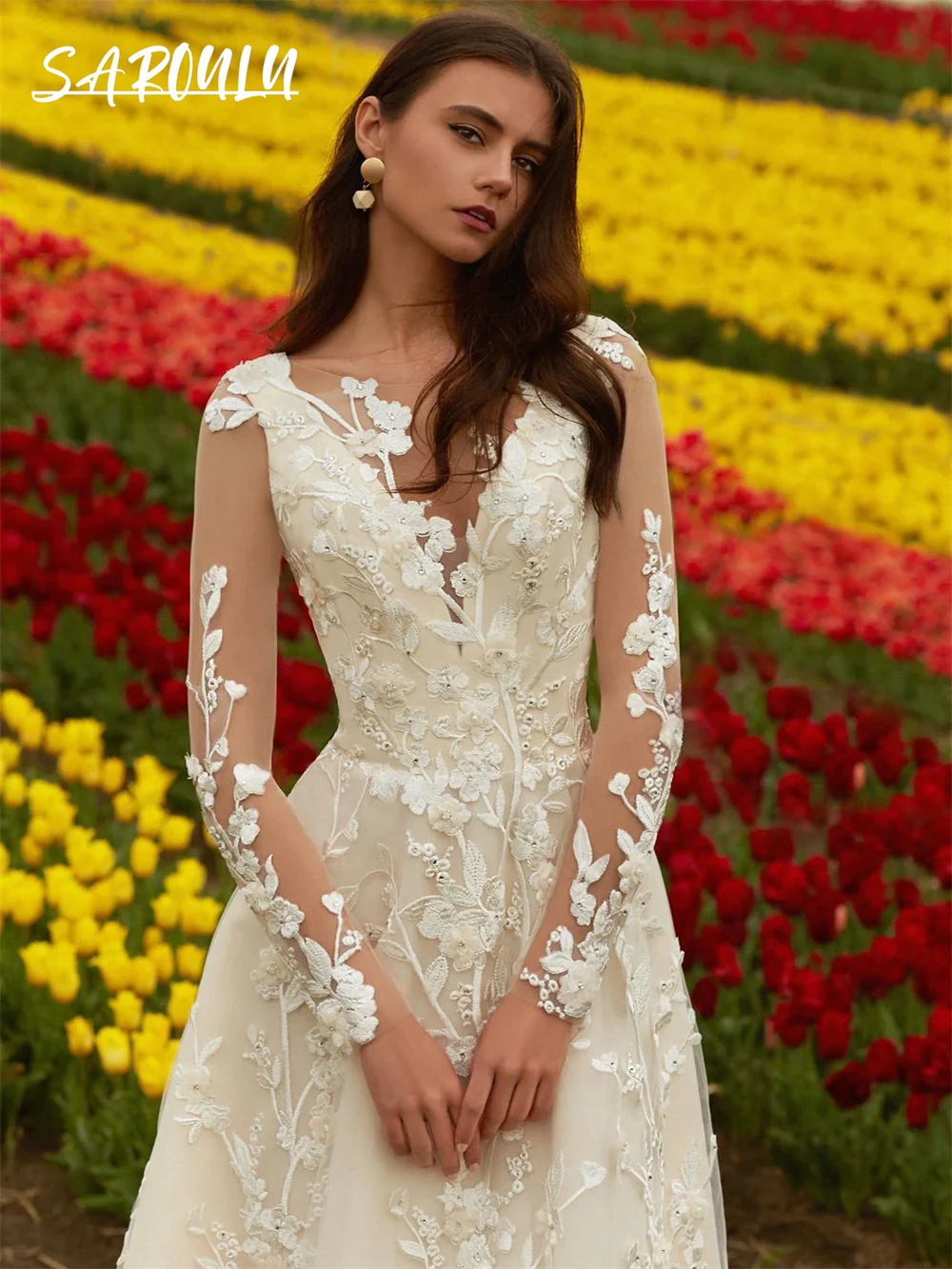 Robe de mariée florale romantique, longue ligne A, robes de mariée en tulle, robes de mariée bon marché sur mesure