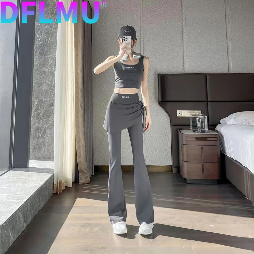 DFLMU Women's High-Waisted Flared Pants with  Overlay Tassel Details Fitness Base Layer flare pants women Yoga 2-in-1 Skirts