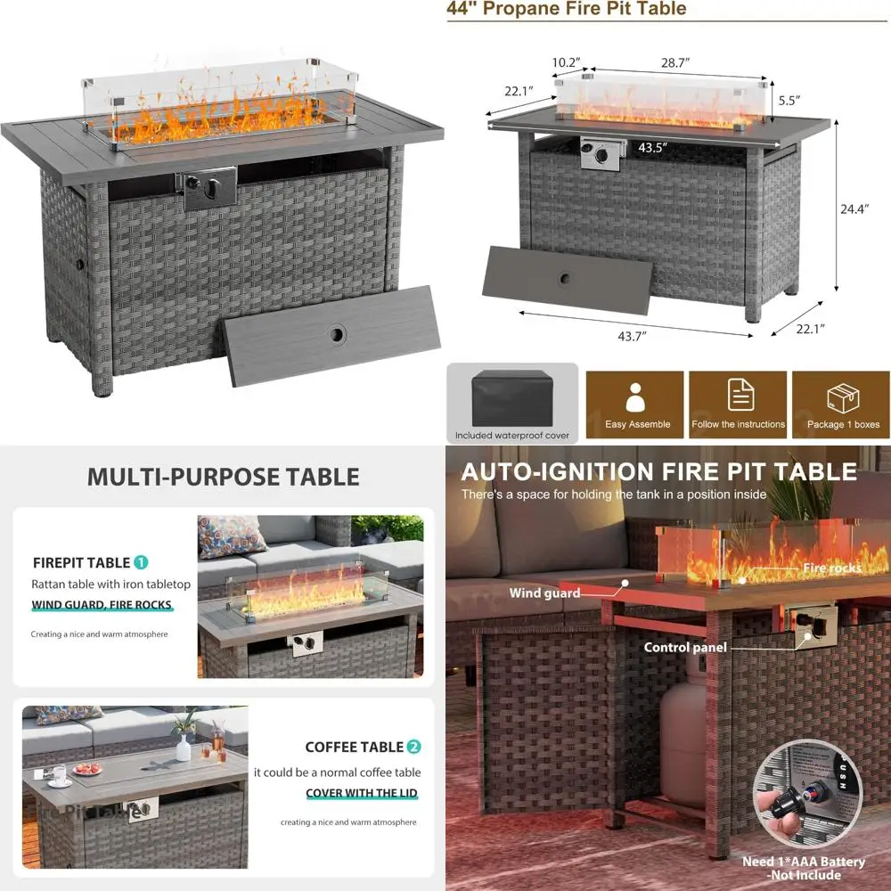 

Rectangular Outdoor Propane Gas Fire Pit Table with Wind Guard and Auto-Ignition Feature for Patio Use