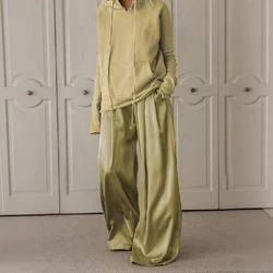 Lemongor Spring Autumn Drawstring Solid Color Long Sleeves Hooded Tops & High Waisted Wide Leg Pants Two Pieces Set For Women