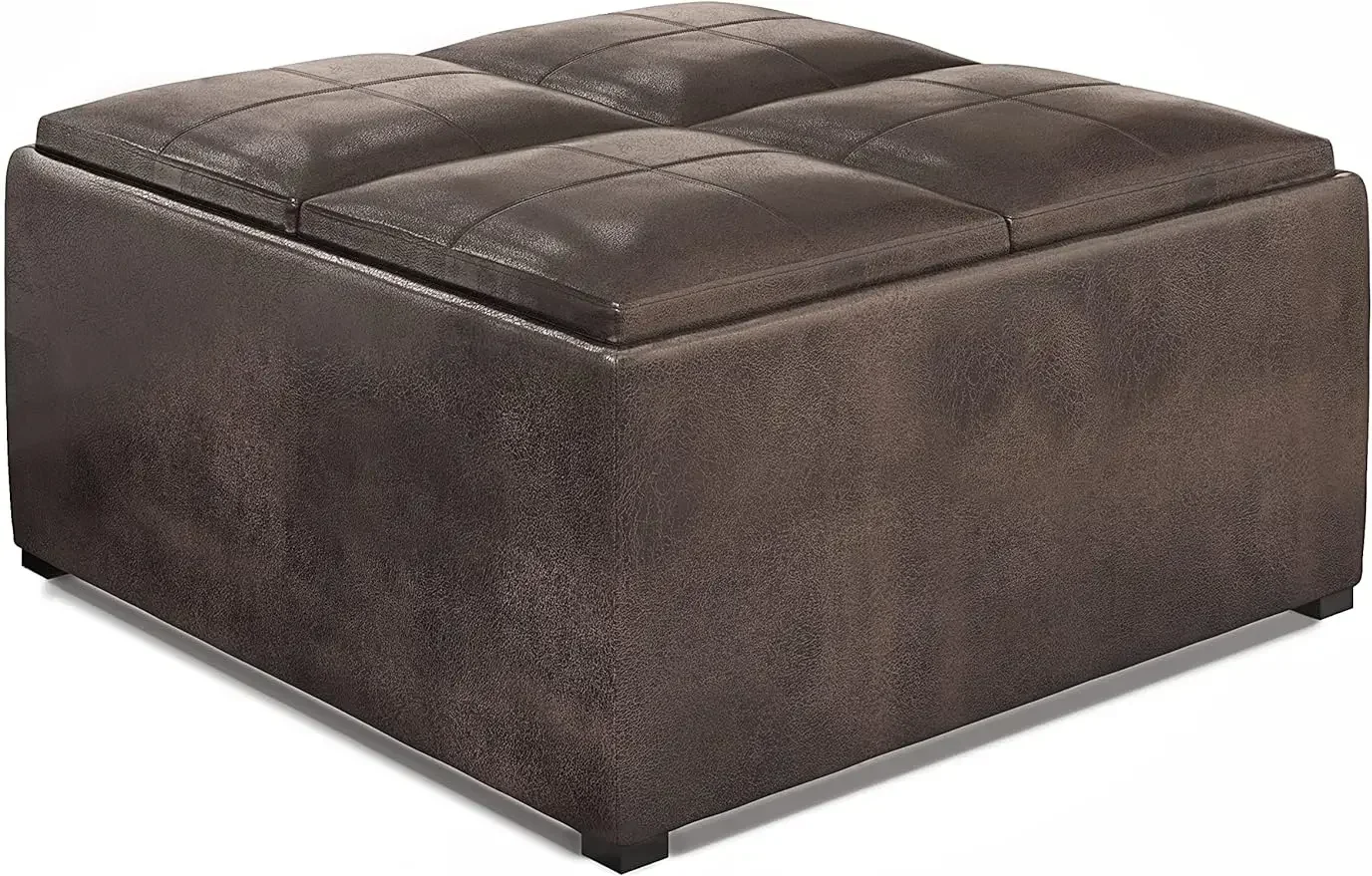 SIMPLIHOME-Avalon Contemporary Square Coffee Table Storage Ottoman in Distressed Brown Vegan Faux Leather, 35 