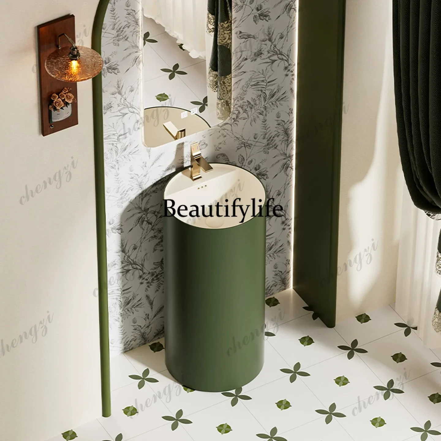 European style, bathroom floor-to-ceiling washbasin integrated ceramic column type hand washing, round column basin