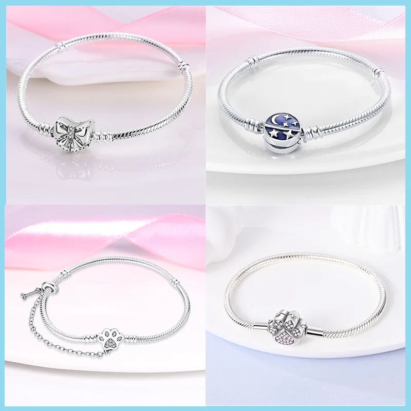 الأصلي 925 فضة ثعبان سلسلة ، القلب ، القط مخلب ، نجمة ، القمر أساور ، يناسب الأصلي عموم السحر ، الخرز الموضة ، DIY بها بنفسك صنع المجوهرات ، هدية