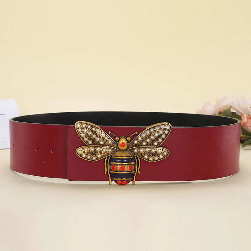 7cm Wide Leather Belt For Women Bee Pearl Buckle Jeans Black Red Pink Belt Luxury Brand Ladies designer Strap Female Waistband